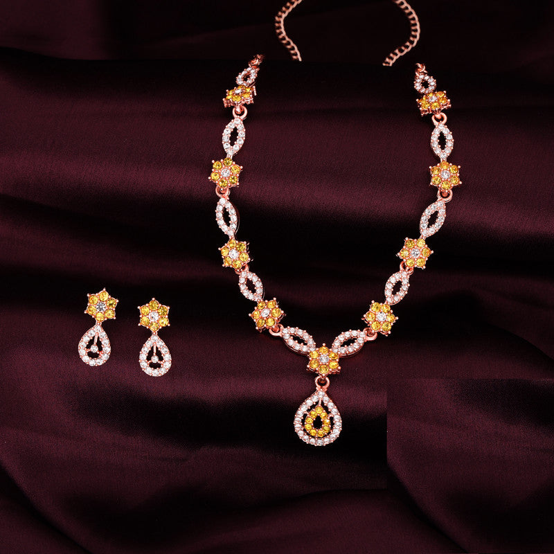 Tehzeeb Creations Elegant Yellow Polished American Diamond (Ad) Studded Necklace And Earring Set For Women - Swadesiicart