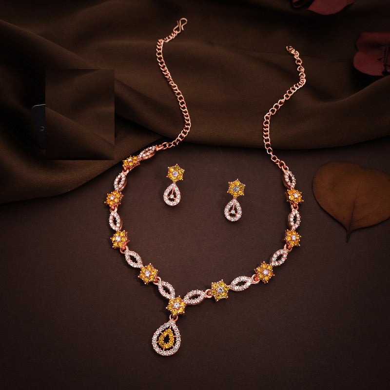 Tehzeeb Creations Elegant Yellow Polished American Diamond (Ad) Studded Necklace And Earring Set For Women - Swadesiicart