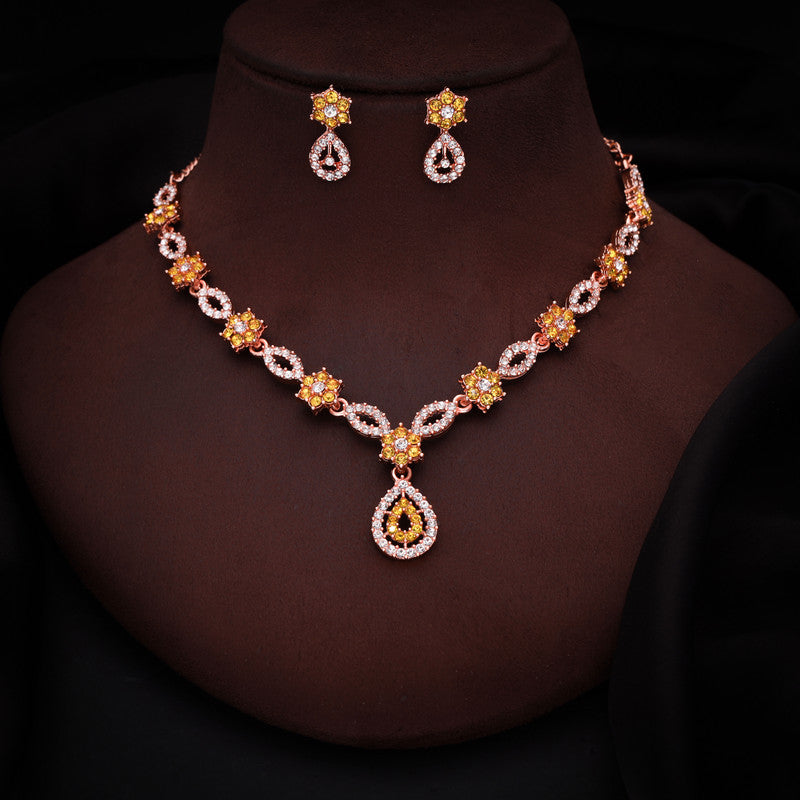 Tehzeeb Creations Elegant Yellow Polished American Diamond (Ad) Studded Necklace And Earring Set For Women - Swadesiicart
