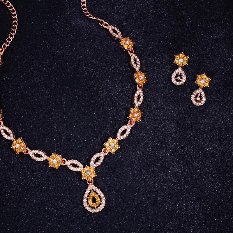 Tehzeeb Creations Elegant Yellow Polished American Diamond (Ad) Studded Necklace And Earring Set For Women - Swadesiicart