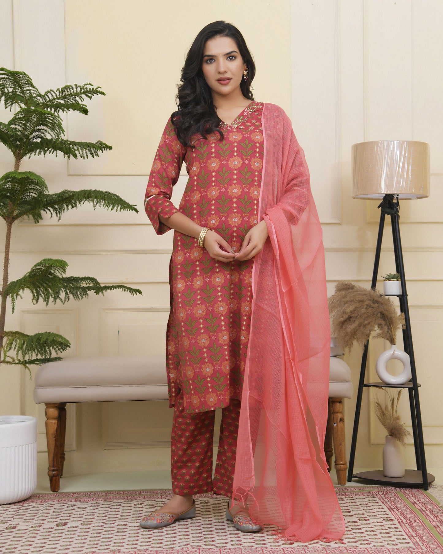 Vaasva Women Maroon Cotton Kurta With Cotton Pant & Dupatta | Swadesiicart