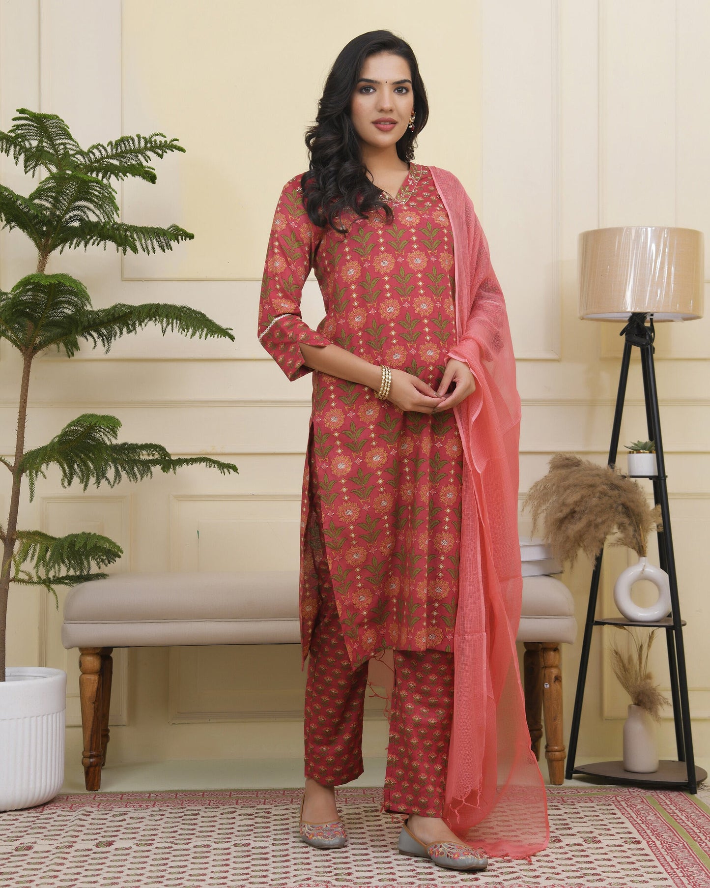 Vaasva Women Maroon Cotton Kurta With Cotton Pant & Dupatta | Swadesiicart