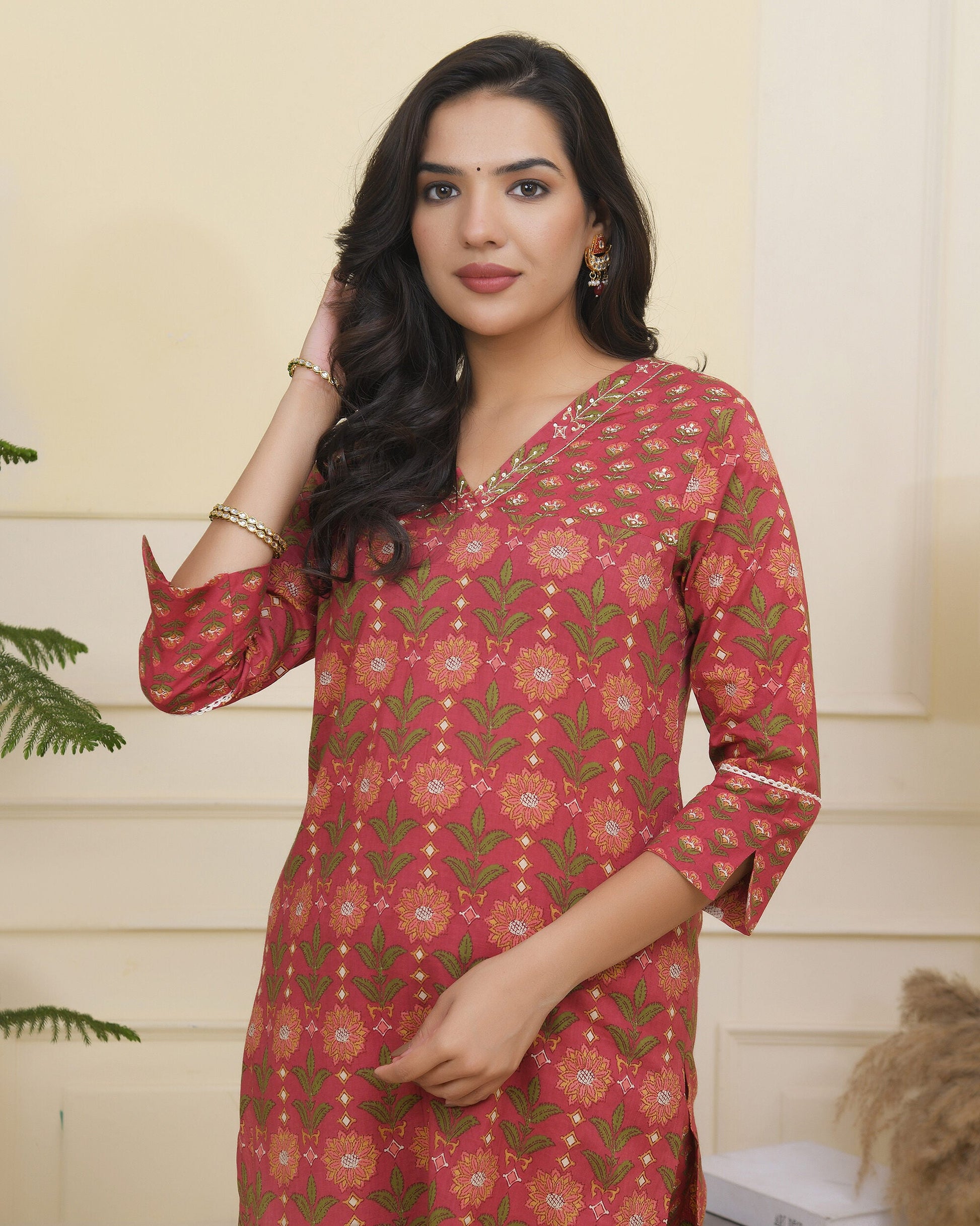 Vaasva Women Maroon Cotton Kurta With Cotton Pant & Dupatta | Swadesiicart