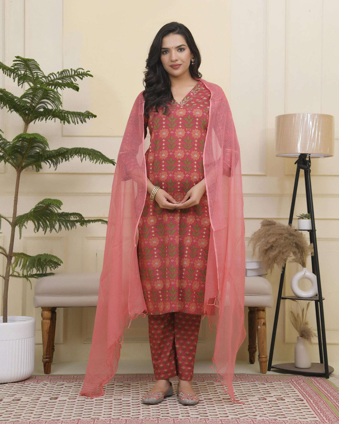 Vaasva Women Maroon Cotton Kurta With Cotton Pant & Dupatta | Swadesiicart