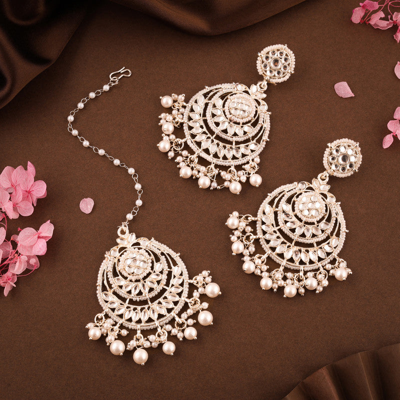 Tehzeeb Creations Gold-Polished Traditional Chandbali Drop Kundan & Pearl Earring With Tikka For Women - Swadesiicart