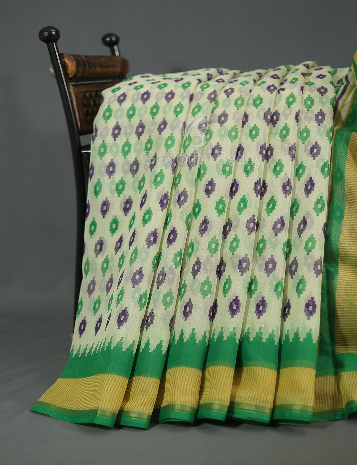 Shades of Cream And Mango Green Colour Blouse Patola Print Semi Chanderi Saree By Gayathri Reddy Designer Studio | Swadesiicart