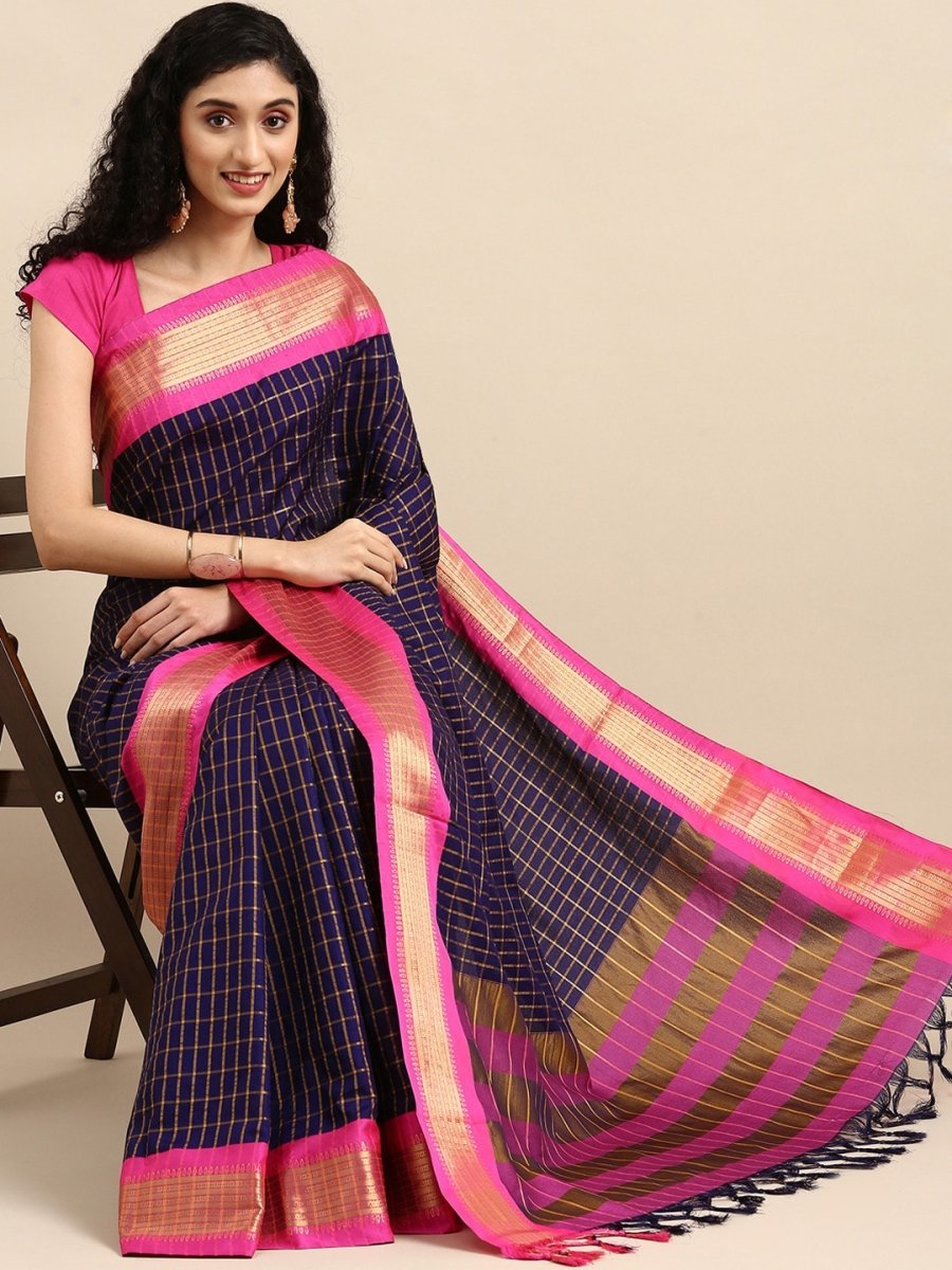 Anouk Navy Blue & Fuchsia Woven Design Pure Silk Banarasi Saree | Swadesiicart