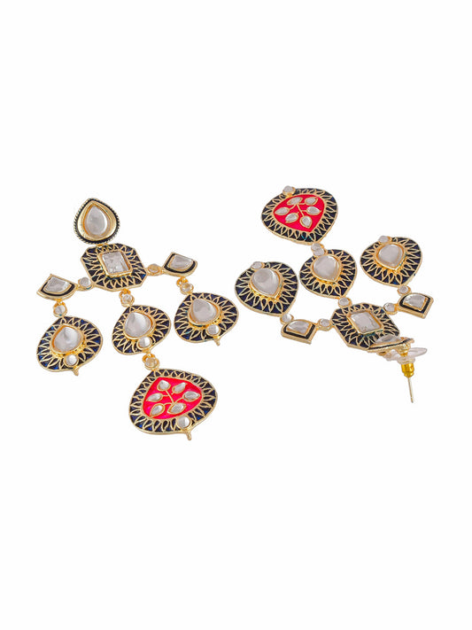 Shoshaa Gold-Polished Balck & Pink Kundan Enamel Drop Earrings | Swadesiicart
