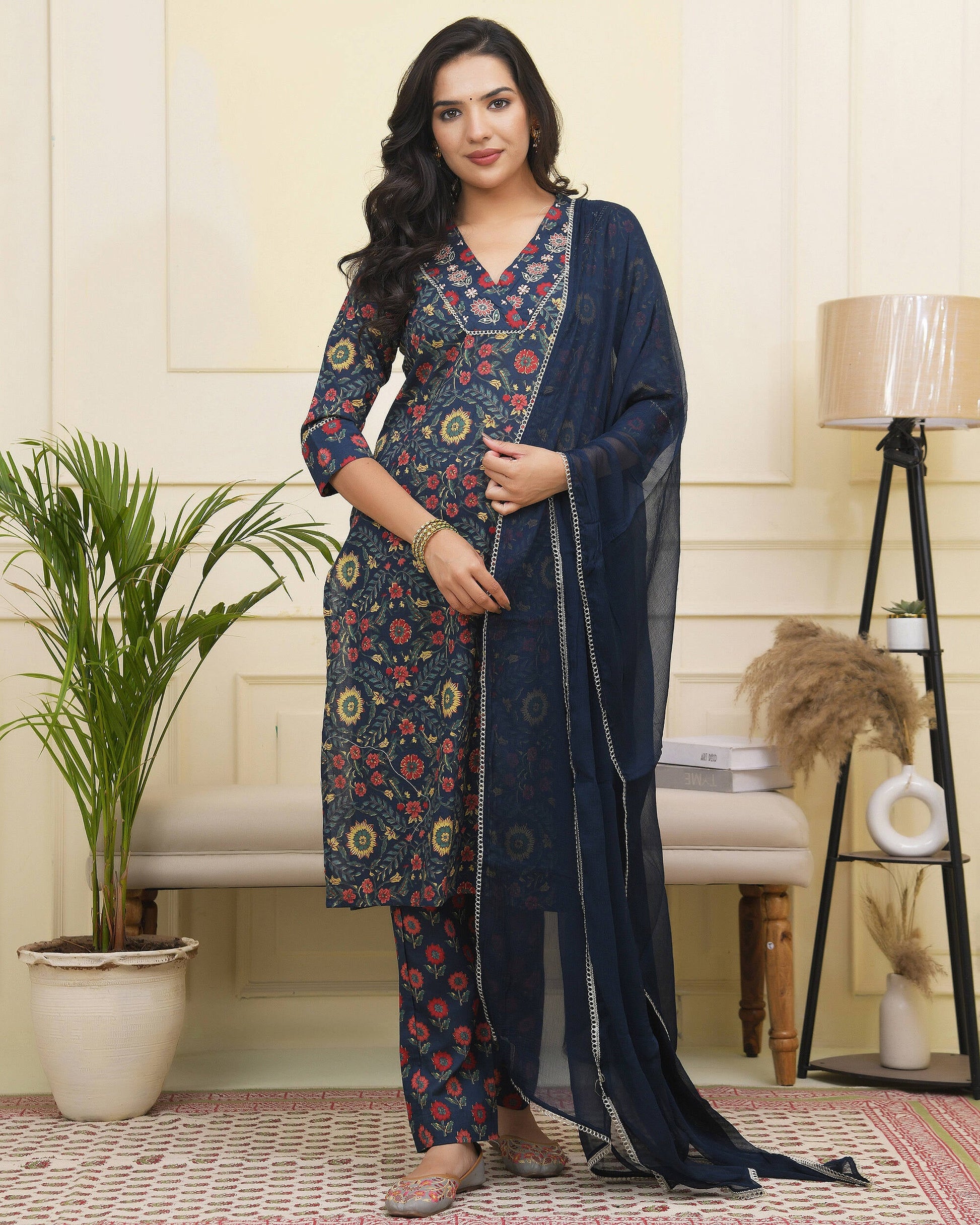 Vaasva Women Navy Cotton Kurta With Cotton Pant & Dupatta | Swadesiicart