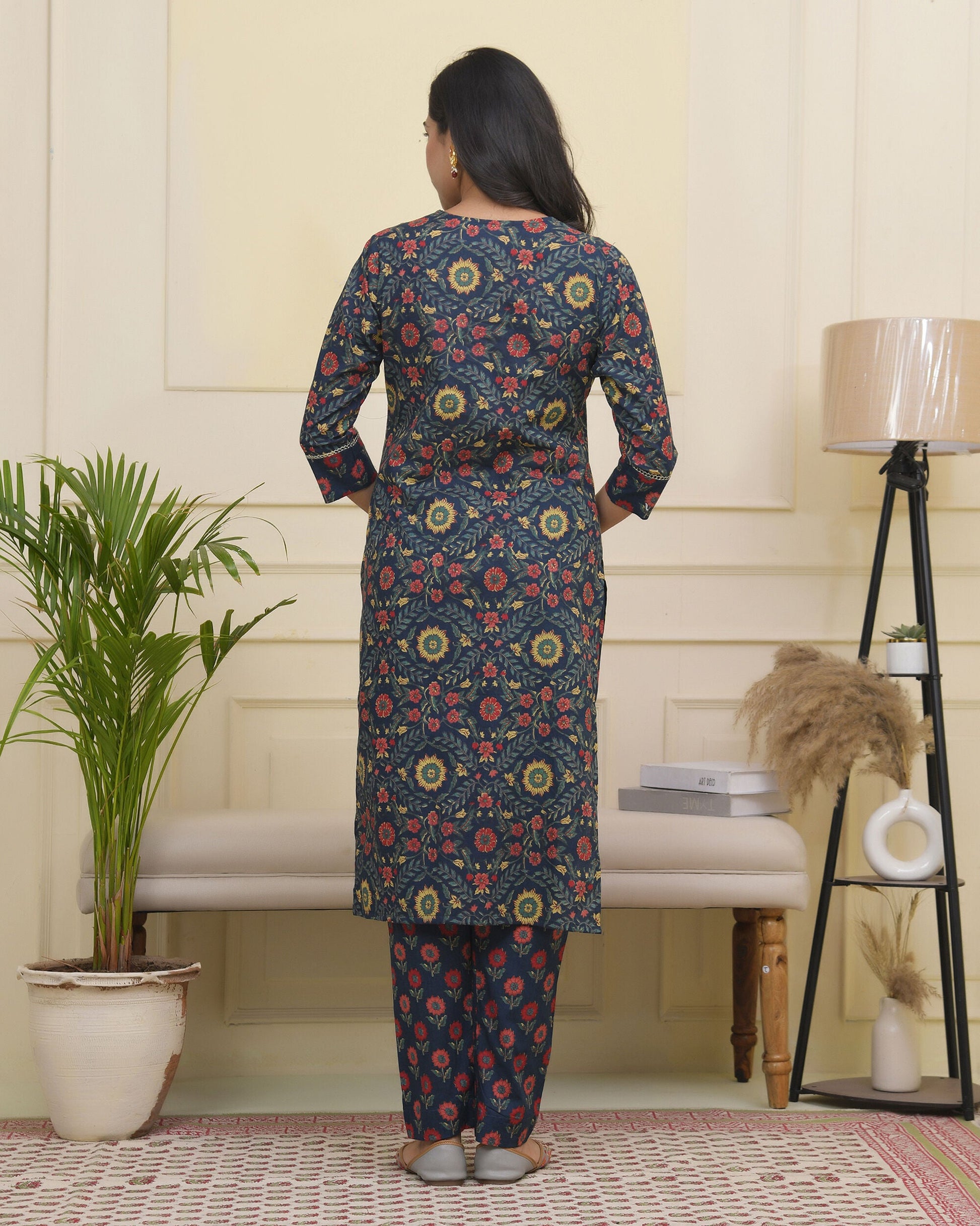 Vaasva Women Navy Cotton Kurta With Cotton Pant & Dupatta | Swadesiicart