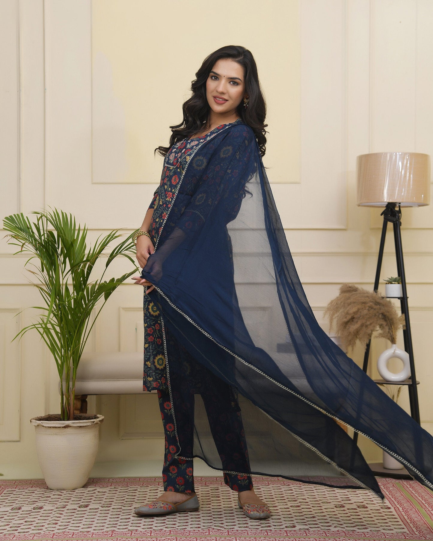 Vaasva Women Navy Cotton Kurta With Cotton Pant & Dupatta | Swadesiicart