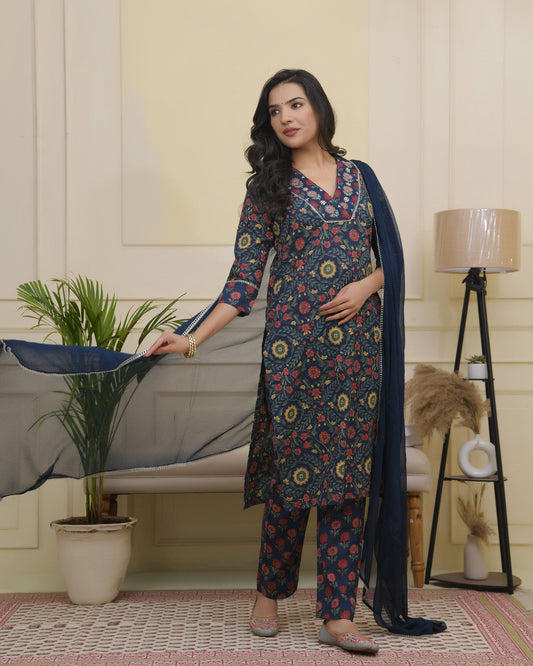 Vaasva Women Navy Cotton Kurta With Cotton Pant & Dupatta | Swadesiicart