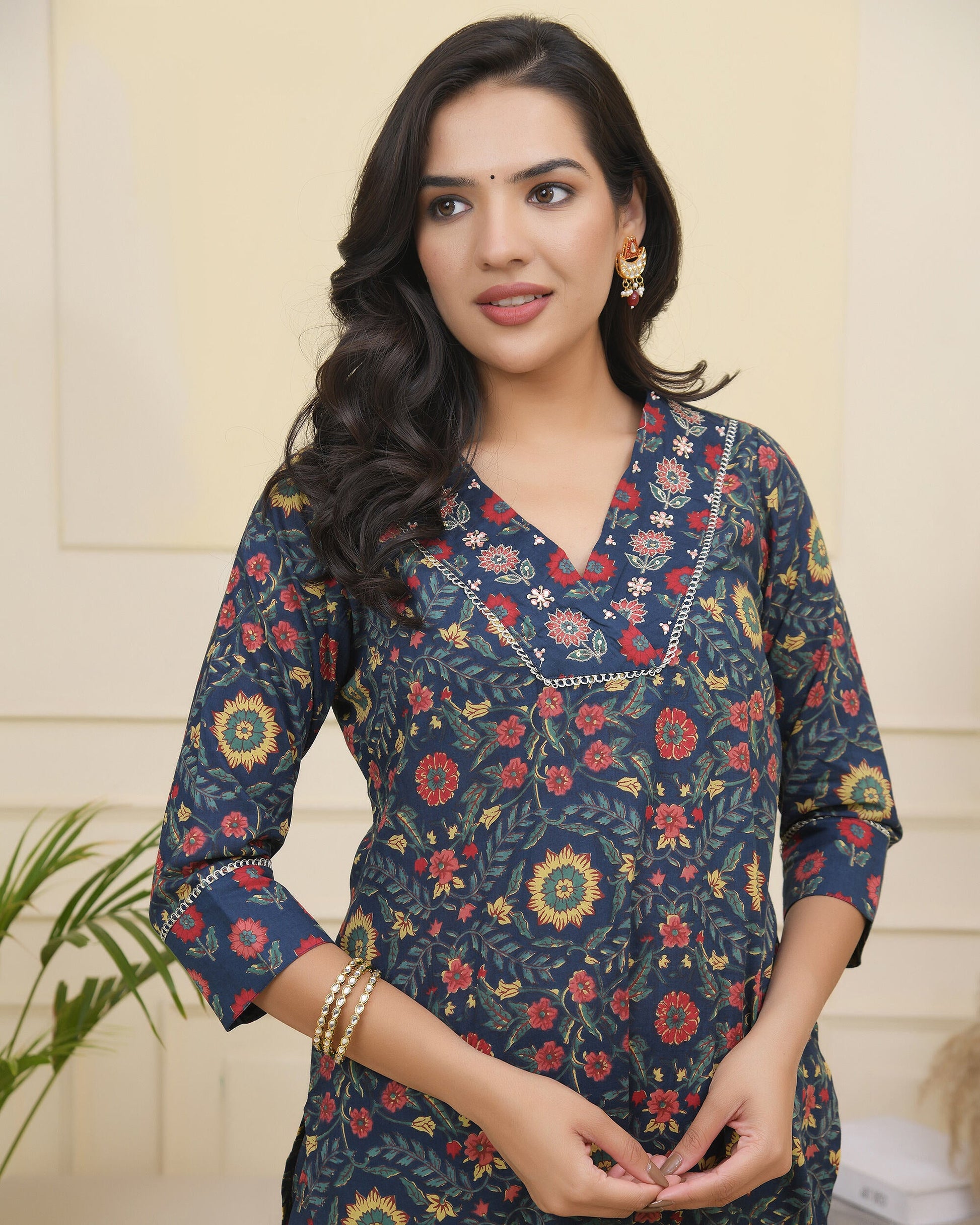 Vaasva Women Navy Cotton Kurta With Cotton Pant & Dupatta | Swadesiicart