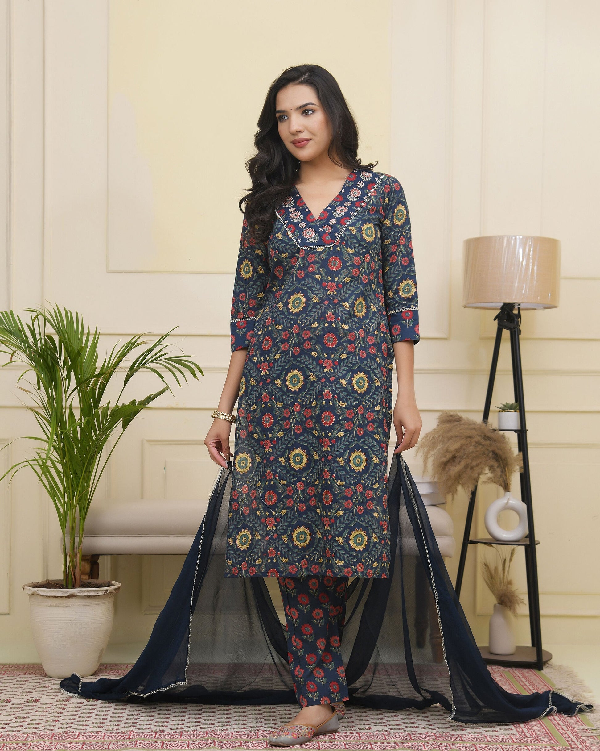 Vaasva Women Navy Cotton Kurta With Cotton Pant & Dupatta | Swadesiicart