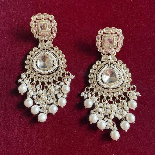 Tehzeeb Creations White Gold Trending Style Drop & Danglers Earring With Tikka For Girls & Women Diamond, Pearl Brass Drops - Swadesiicart