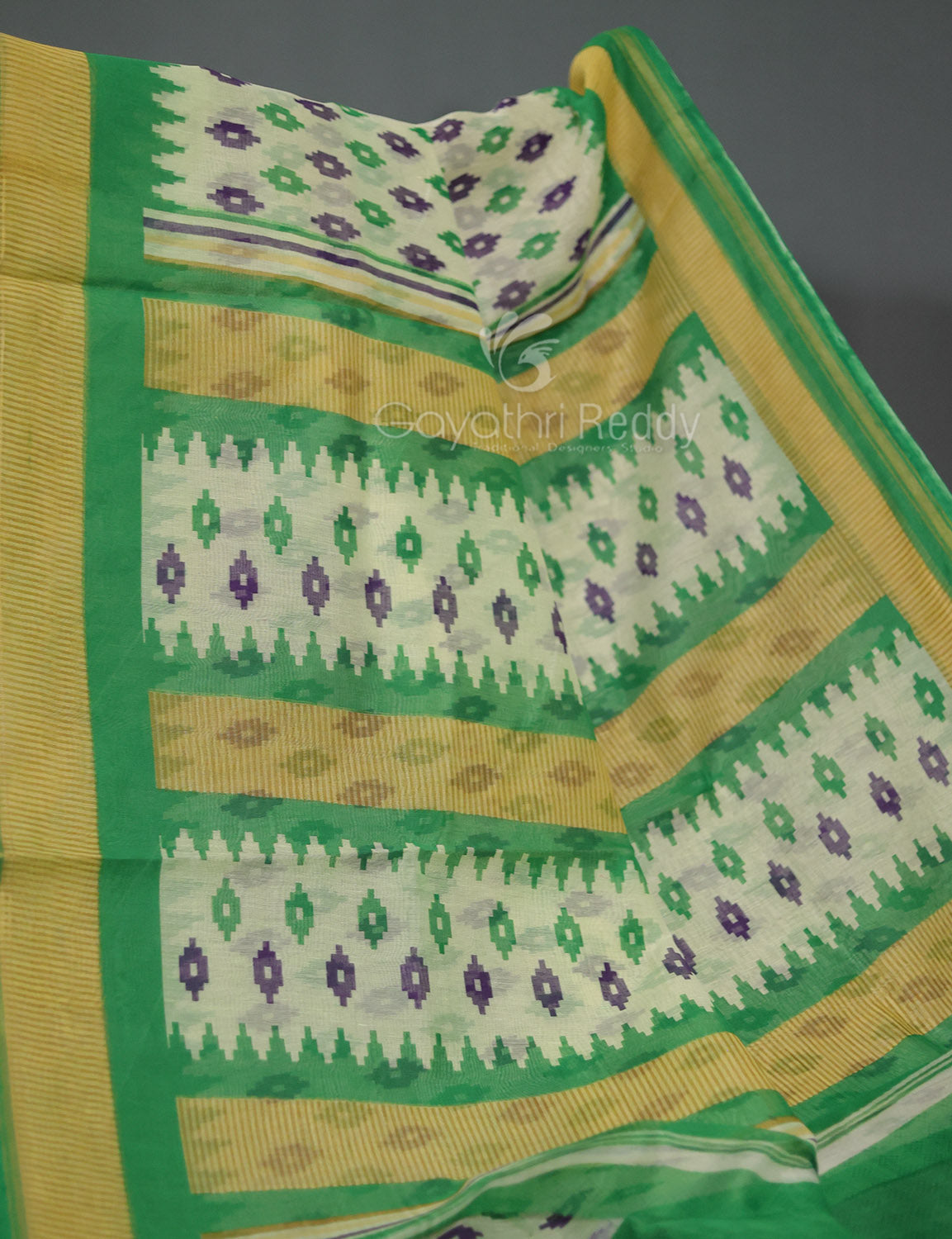 Shades of Cream And Mango Green Colour Blouse Patola Print Semi Chanderi Saree By Gayathri Reddy Designer Studio | Swadesiicart