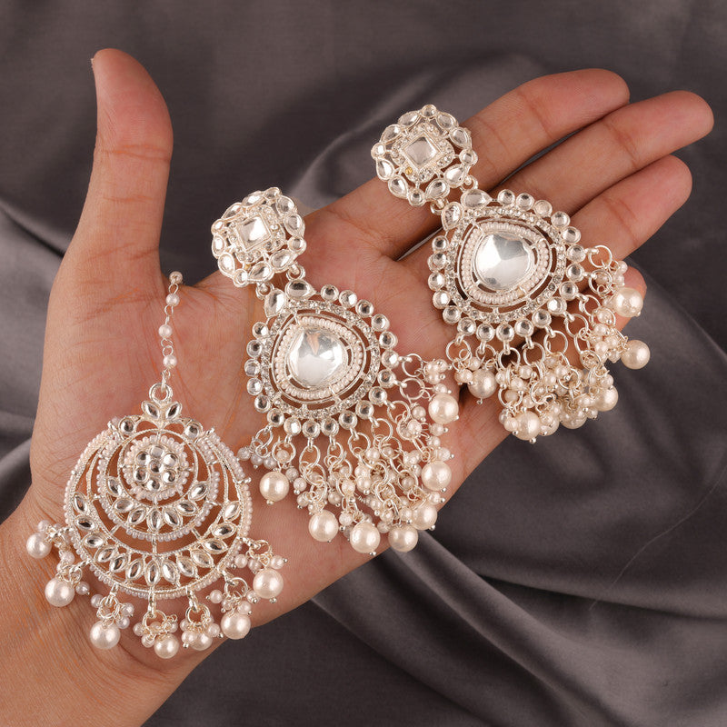 Tehzeeb Creations White Gold Trending Style Drop & Danglers Earring With Tikka For Girls & Women Diamond, Pearl Brass Drops - Swadesiicart