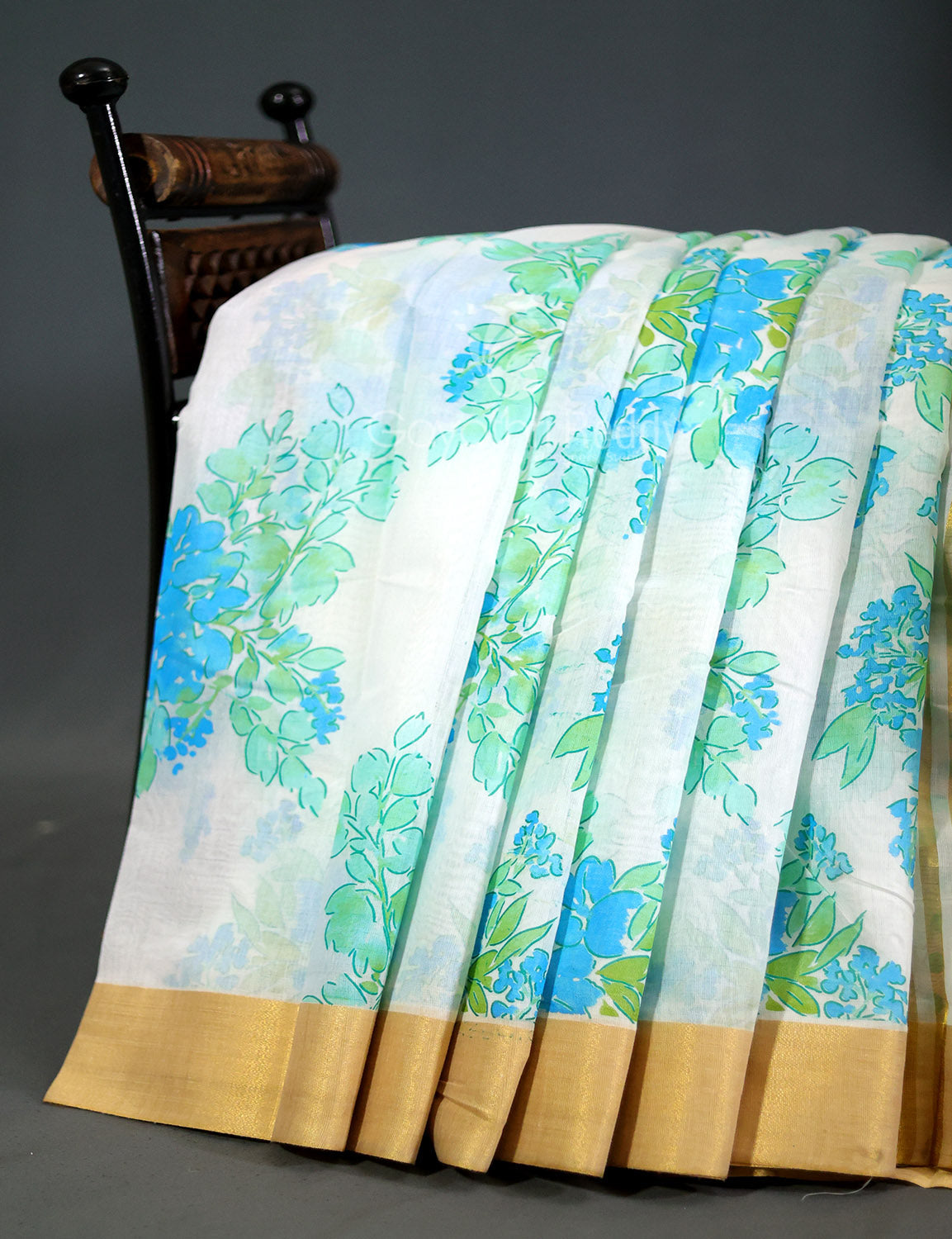 Shades of Milk White And Sky Blue Colour Floral Design Chanderi Printed Saree By Gayathri Reddy Designer Studio | Swadesiicart