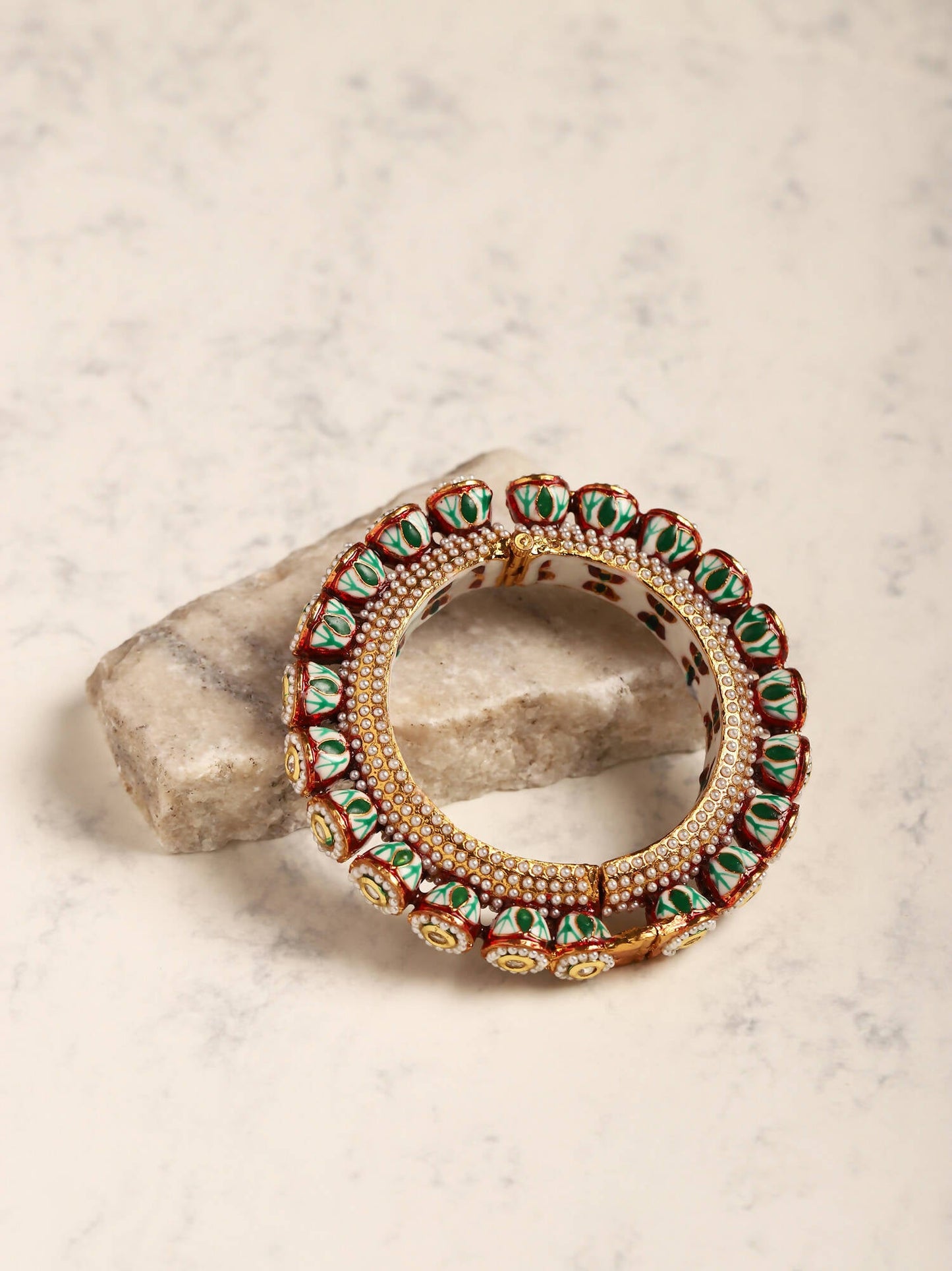 Gold-Polished Green Kundan-Studded Bangle - Ruby Raang - Swadesiicart