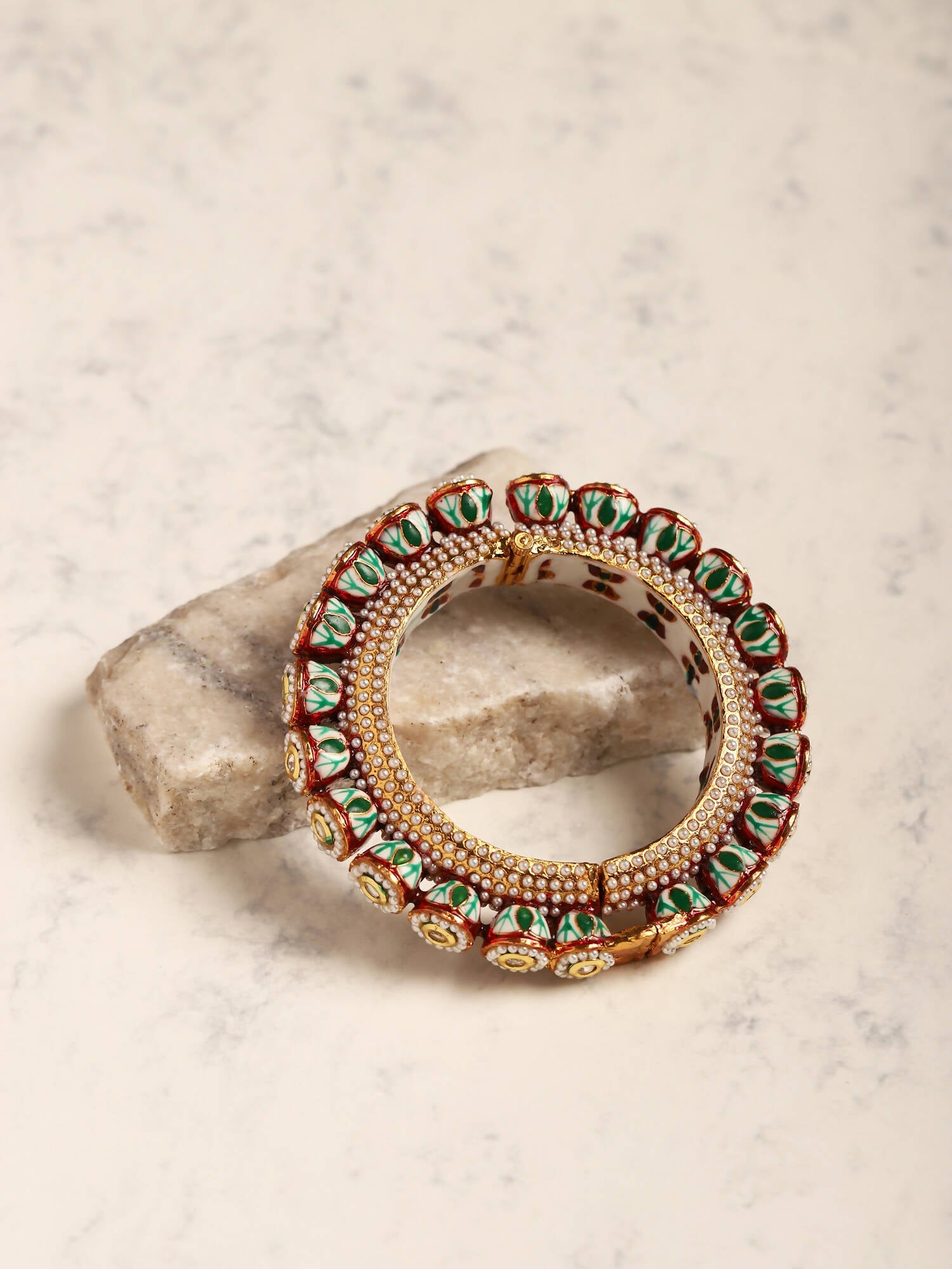 Gold-Polished Green Kundan-Studded Bangle - Ruby Raang - Swadesiicart