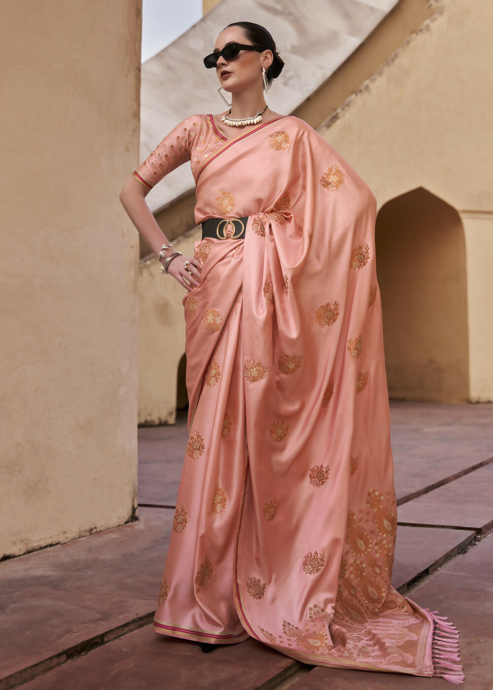 Coral Pink Pure Satin Zari Weaving Wedding Festive Saree - Emponline | Swadesiicart
