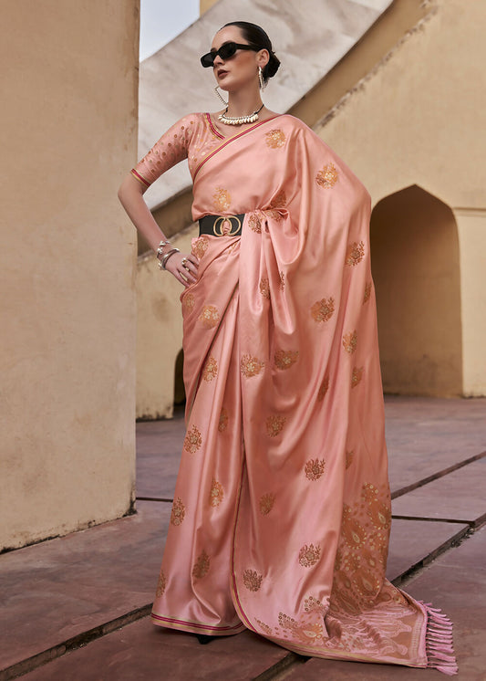 Coral Pink Pure Satin Zari Weaving Wedding Festive Saree - Emponline | Swadesiicart