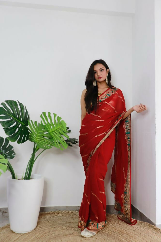 Vamsee Aaradhna Red Georgette Saree - Swadesiicart