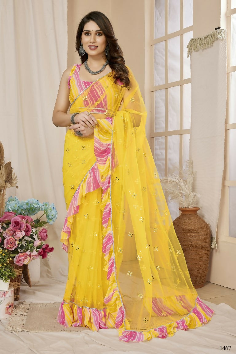Partywear Designer Yellow Net Fancy Saree - Dyuti | Swadesiicart