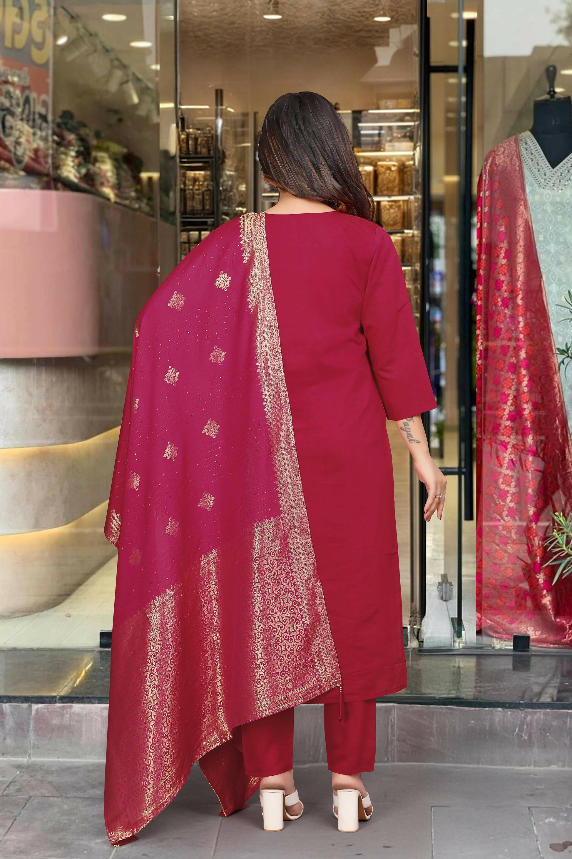 The52 Maroon Beautiful Embroidered Viscose Chanderi Fabric Straight Kurta Pant with Dupatta Set - Swadesiicart