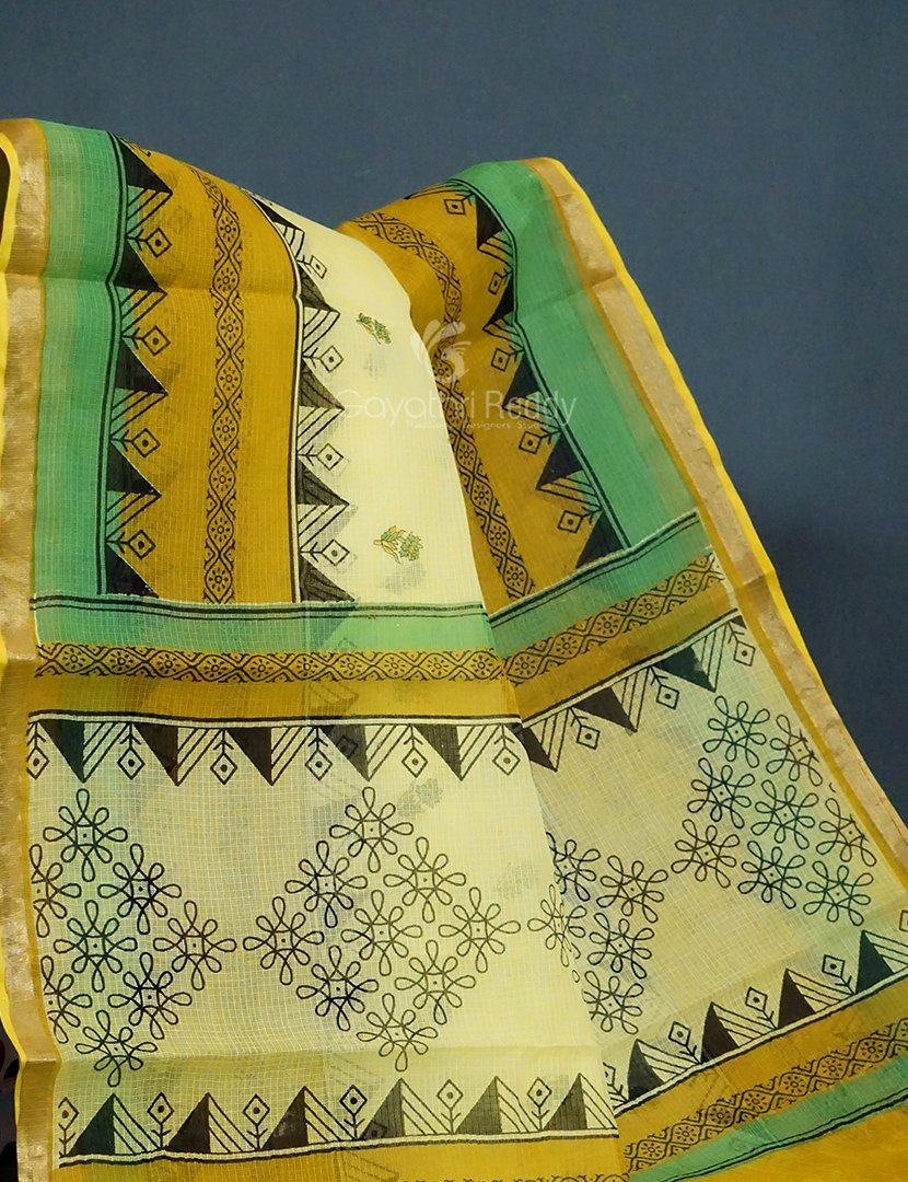 Lime Yellow Colour Block Print Pure Kota Cotton Saree By Gayathri Reddy Designer Studio | Swadesiicart