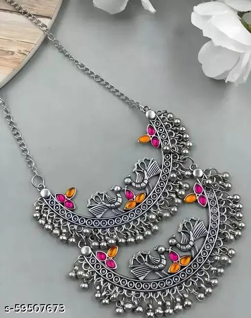 Tehzeeb Creations Women's Silver Colour Oxidised Necklace And Earrings With Peacock Design - Swadesiicart