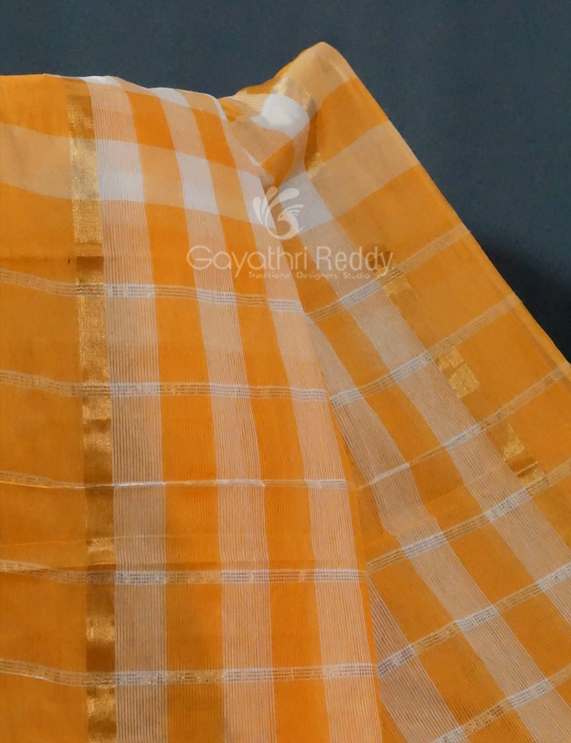 Cream And Orange Coloured With Checks Pure Mangalgiri Cotton Saree By Gayathri Reddy Designer Studio | Swadesiicart