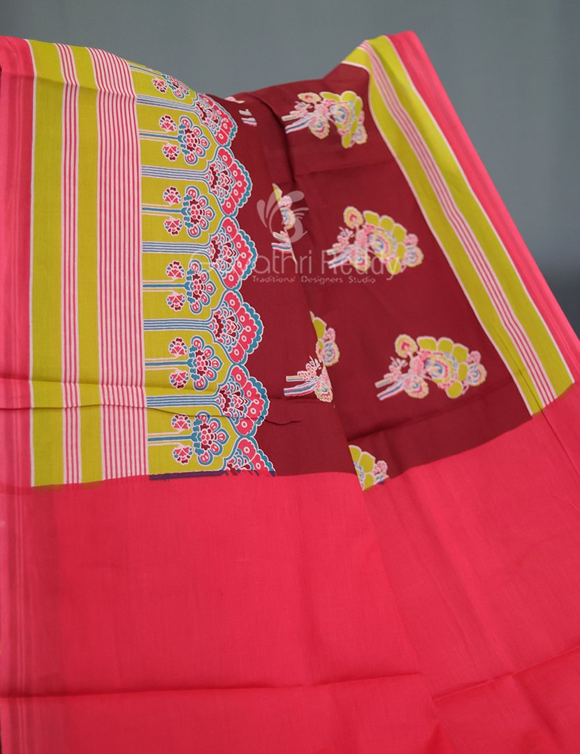 Block Print Maroon Coloured Mulmul Cotton Saree By Gayathri Reddy Designer Studio | Swadesiicart
