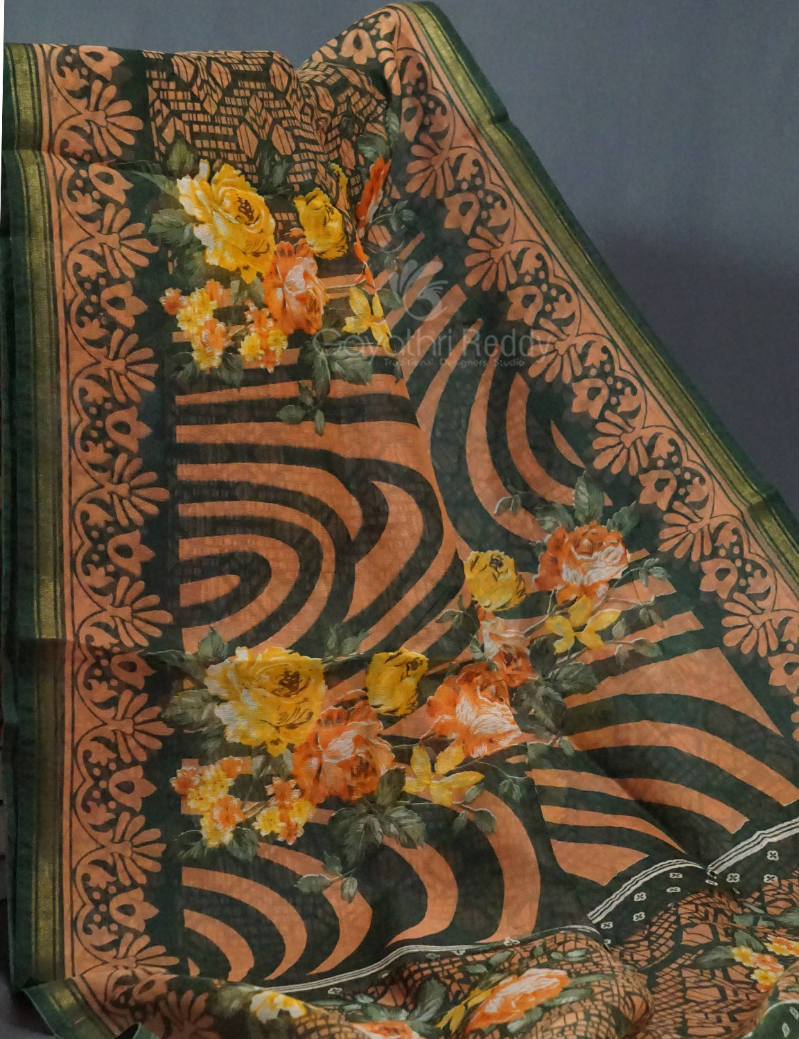 Shades of Green Colour Floral Design Semi Chanderi Saree By Gayathri Reddy Designer Studio | Swadesiicart