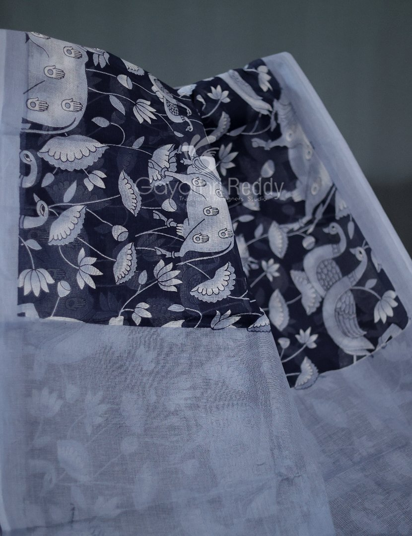 Shades of Dark Navy Blue And Grey With Pichwai Print Munga Cotton Saree By Gayathri Reddy Designer Studio | Swadesiicart
