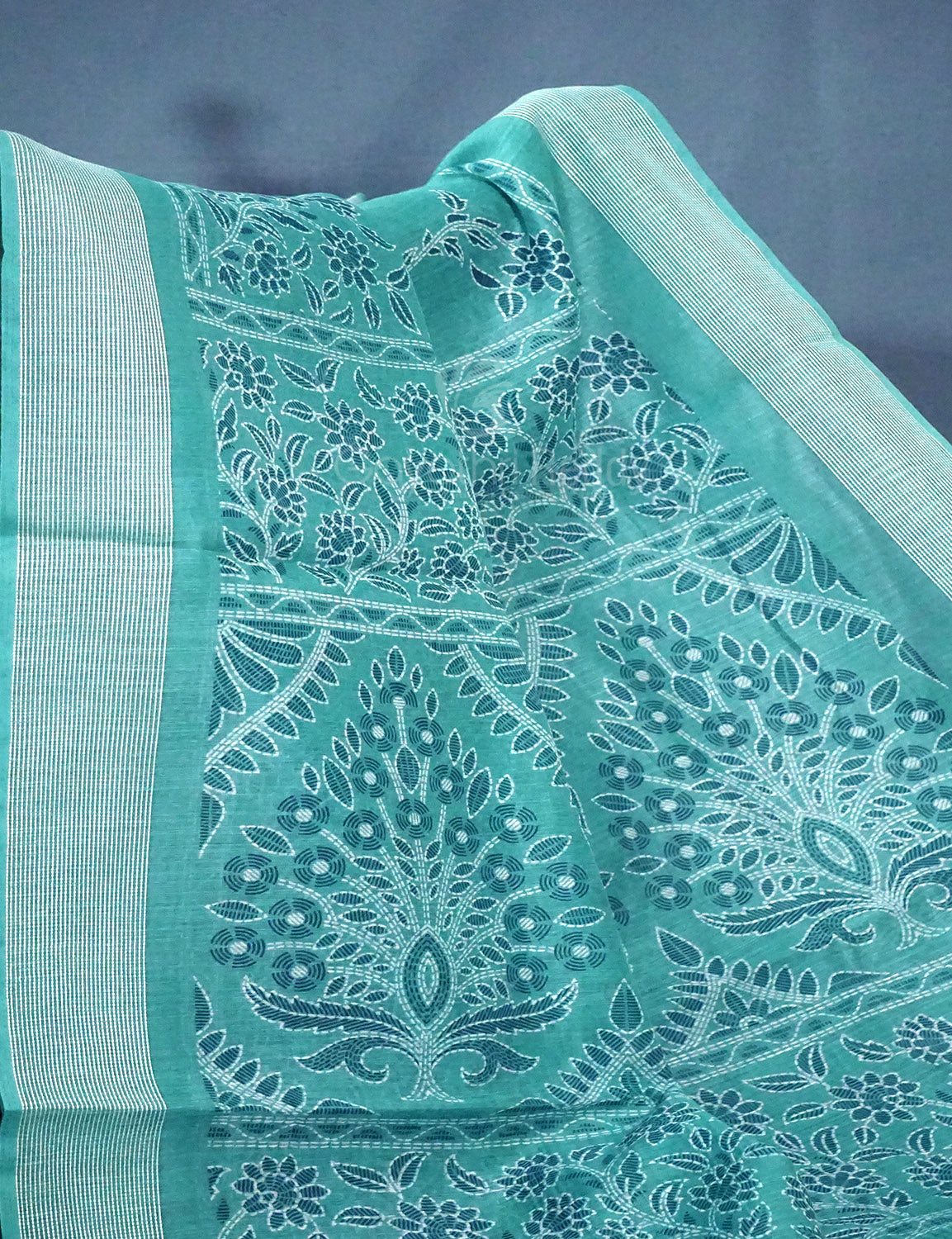 Shades of Light Rama Green Colour Floral Print Semi Chanderi Saree By Gayathri Reddy Designer Studio | Swadesiicart