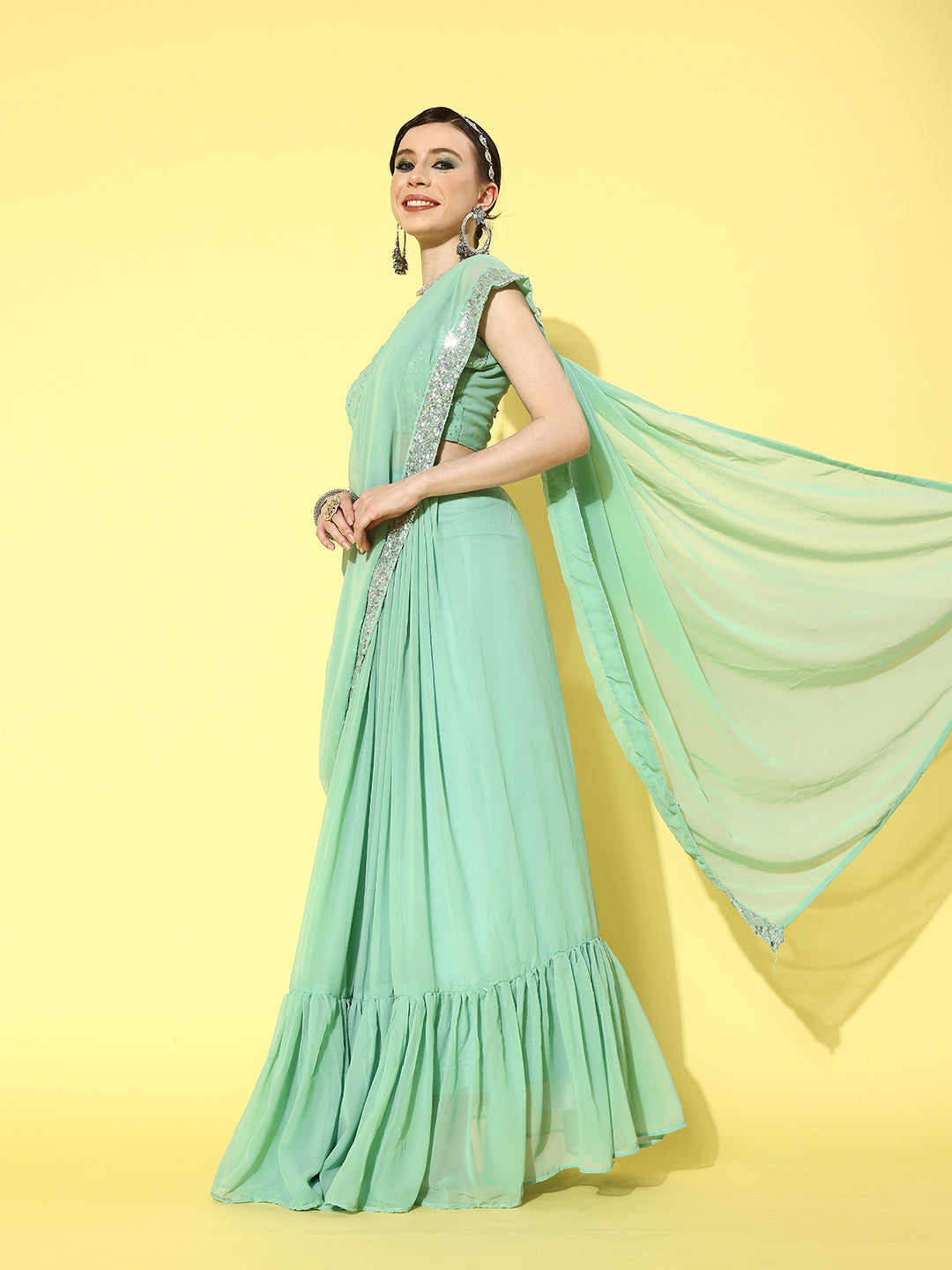Mitera Pure Georgette Ready to Wear Saree with Shrug | Swadesiicart