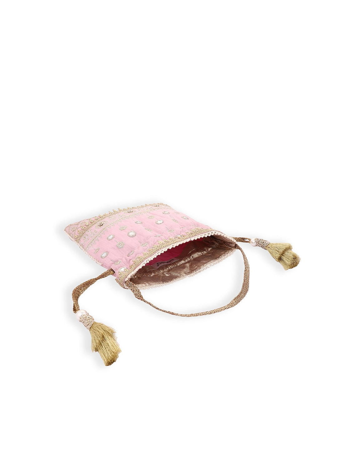 Masq Pink & Gold-Toned Embellished Potli Clutch - Swadesiicart