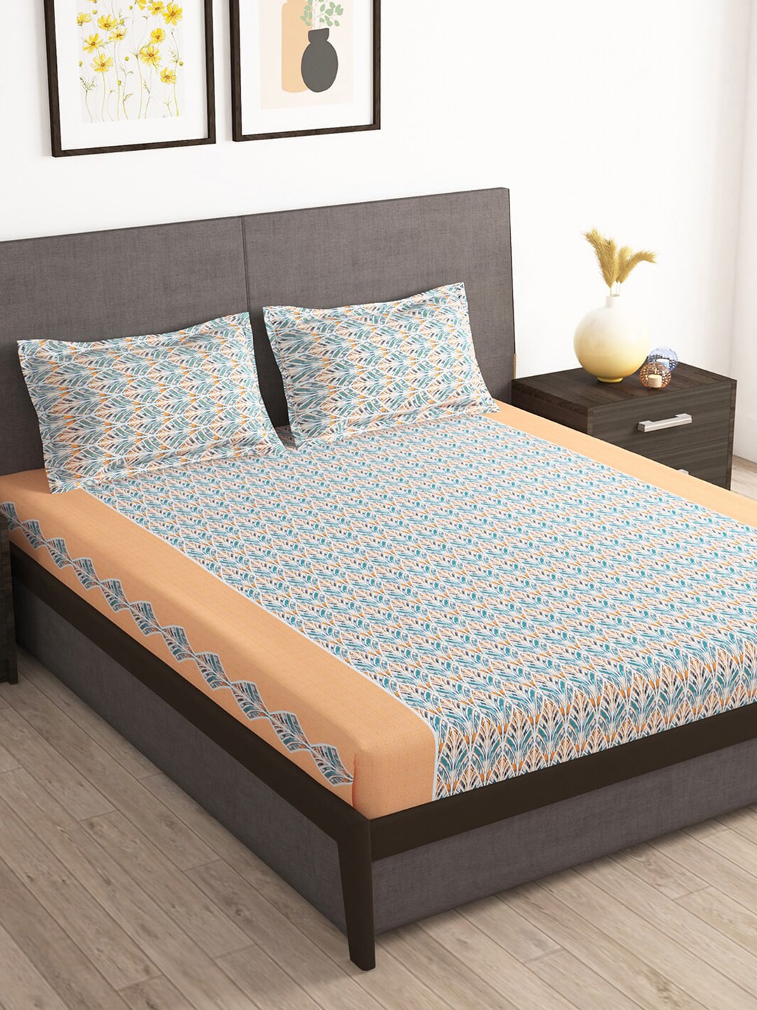 Story@home Tango Blue & White Printed 240 TC King Bedsheet with 2 Pillow Covers - Swadesiicart