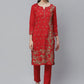 ADA Women Red & Green Chikankari Hand Embroidered Sustainable Handloom Kurta with Trousers | Swadesiicart
