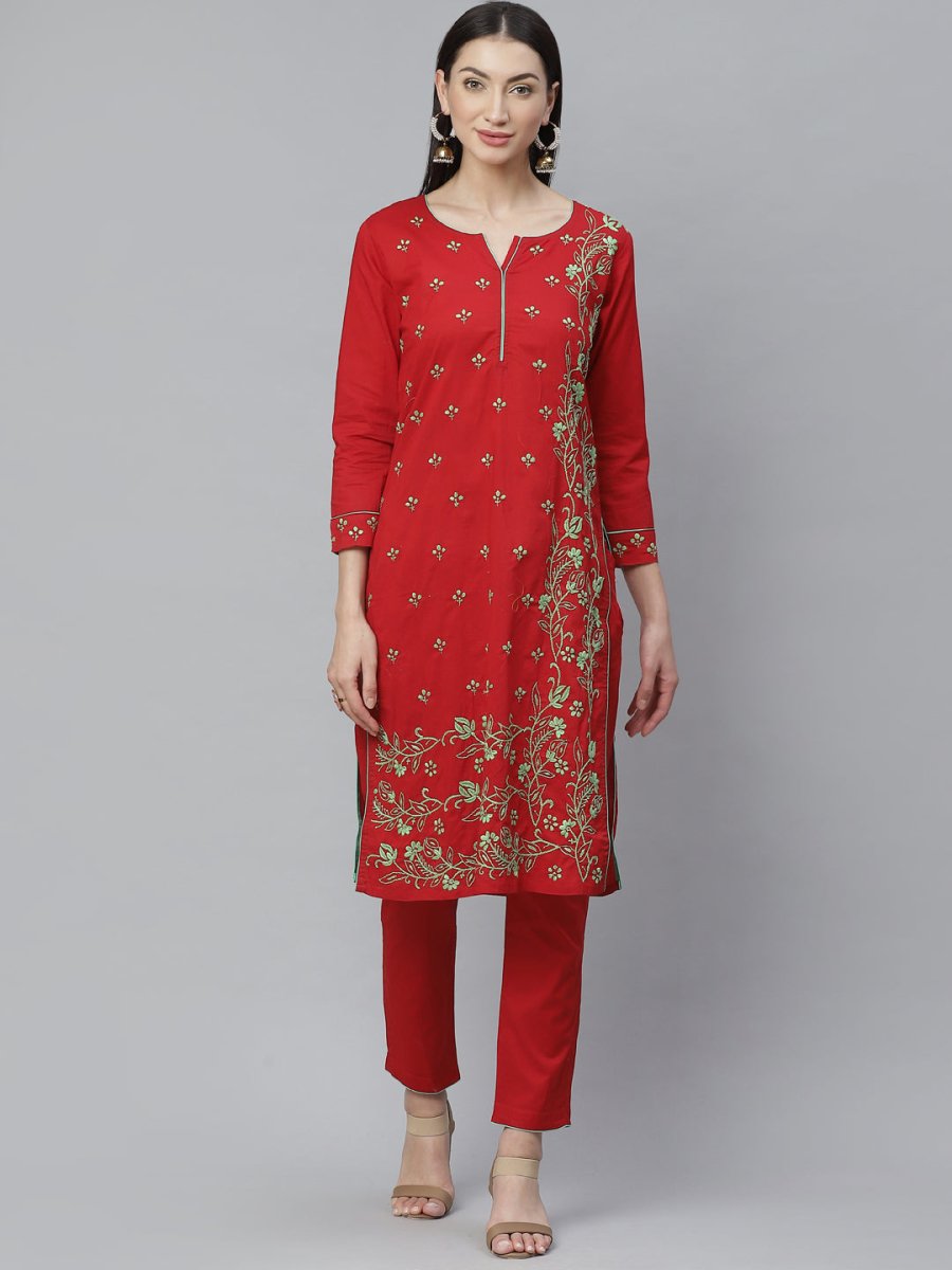 ADA Women Red & Green Chikankari Hand Embroidered Sustainable Handloom Kurta with Trousers | Swadesiicart