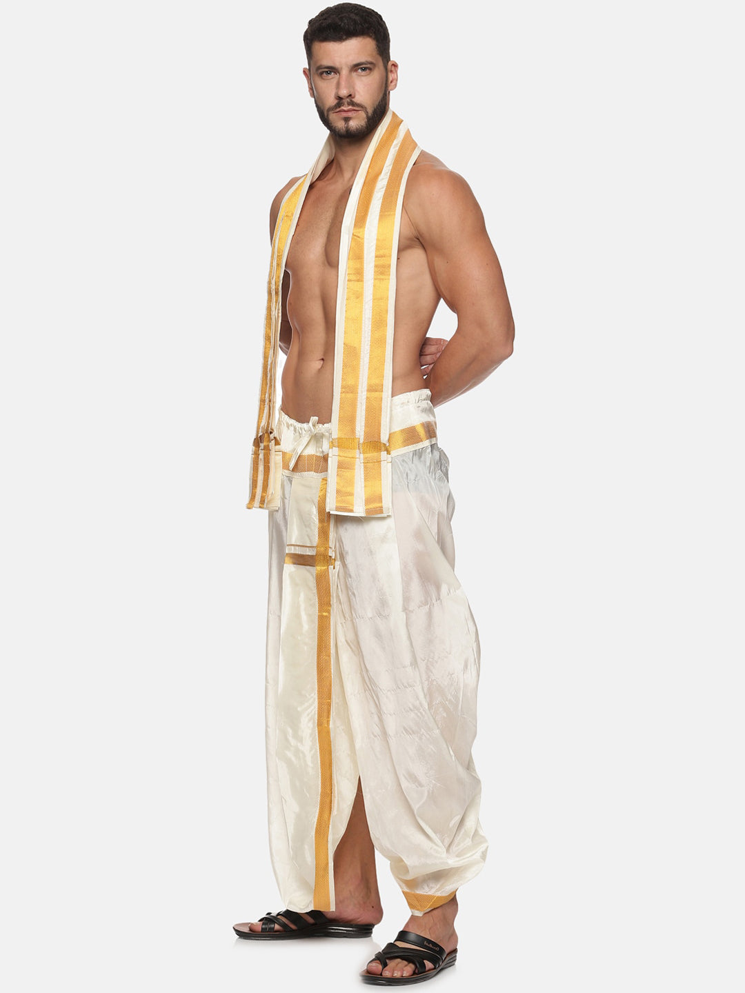 Sethukrishna Men Cream and Gold-Toned Solid Dhoti With Angavastram | Swadesiicart