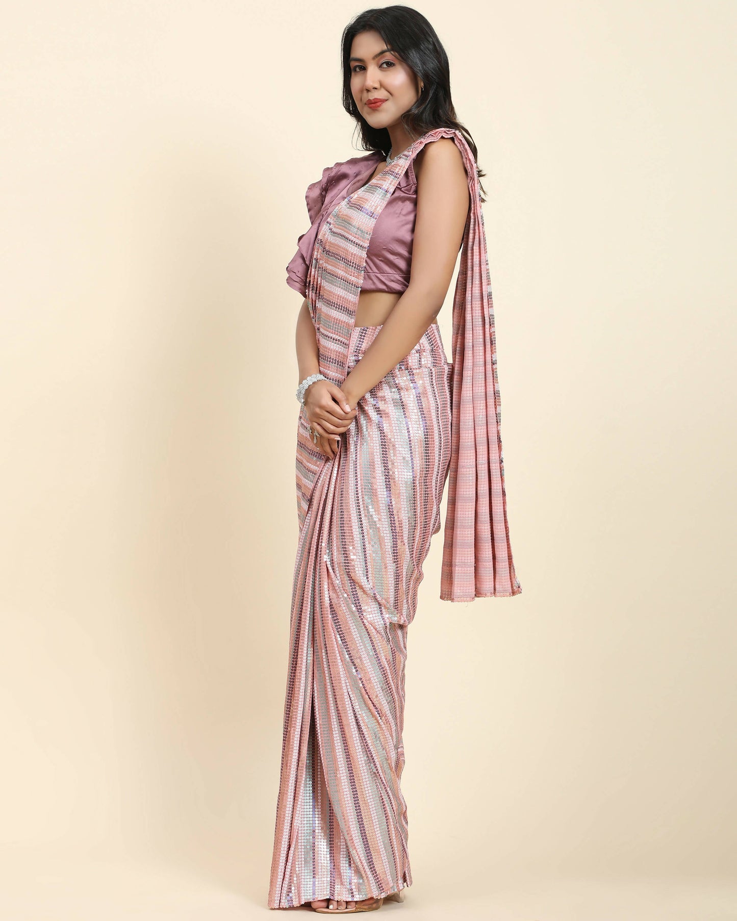 Pink Pure Georgette Sequence work Ready to wear Saree with stitched Blouse - Satiksha | Swadesiicart