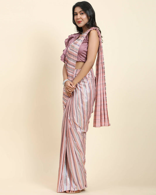 Pink Pure Georgette Sequence work Ready to wear Saree with stitched Blouse - Satiksha | Swadesiicart