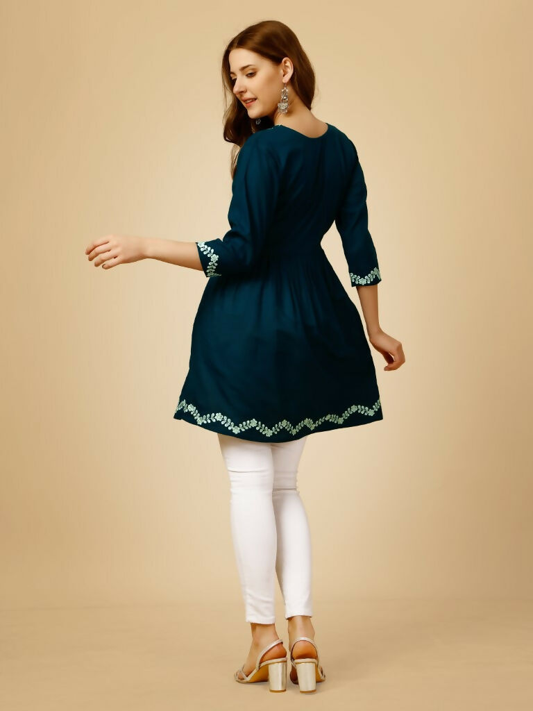 Jyoti Fashion Women's Blue Viscose Rayon Embroidered Casual Top | Swadesiicart