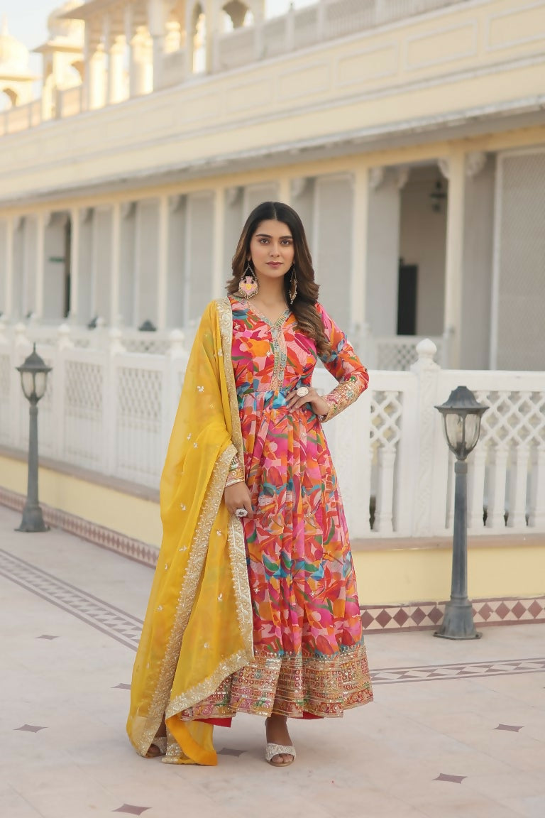 Jyoti Fashion Women's Pink Russian Silk Sequins Zari Embroideredy Anarkali Dress with Dupatta | Swadesiicart