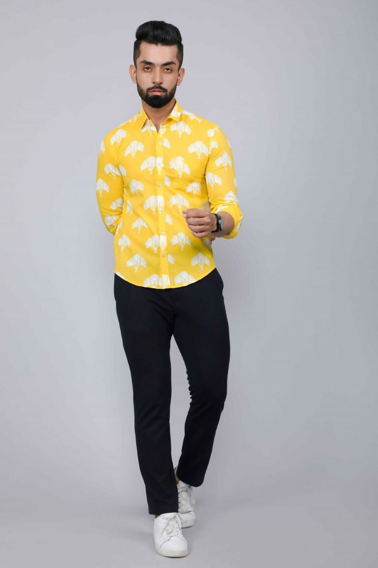 Miravan Men's Yellow and White Floral Printed Full Sleeves Cotton Casual Shirt | Swadesiicart
