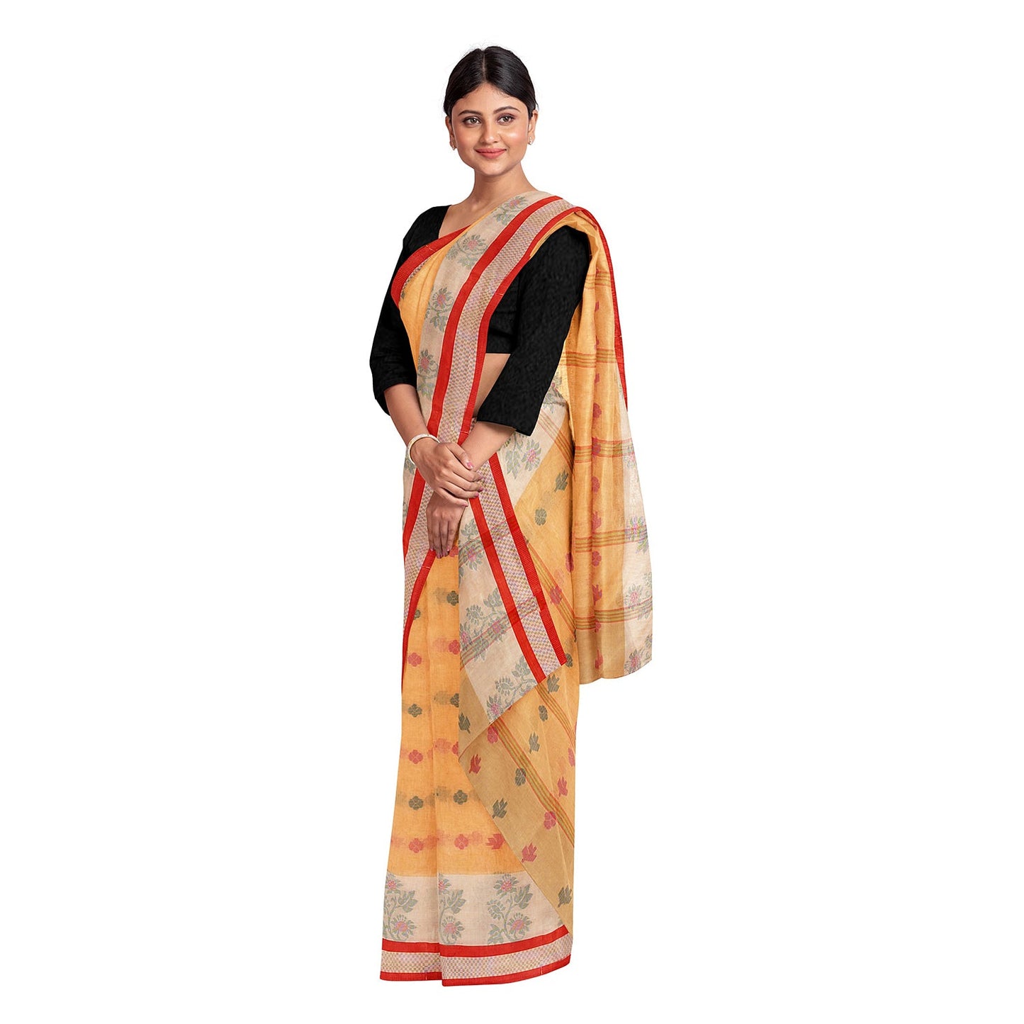 Exclusive Collection 100% Pure Cotton Yellow Tant Saree With Hand Weaving Work - Swadesiicart