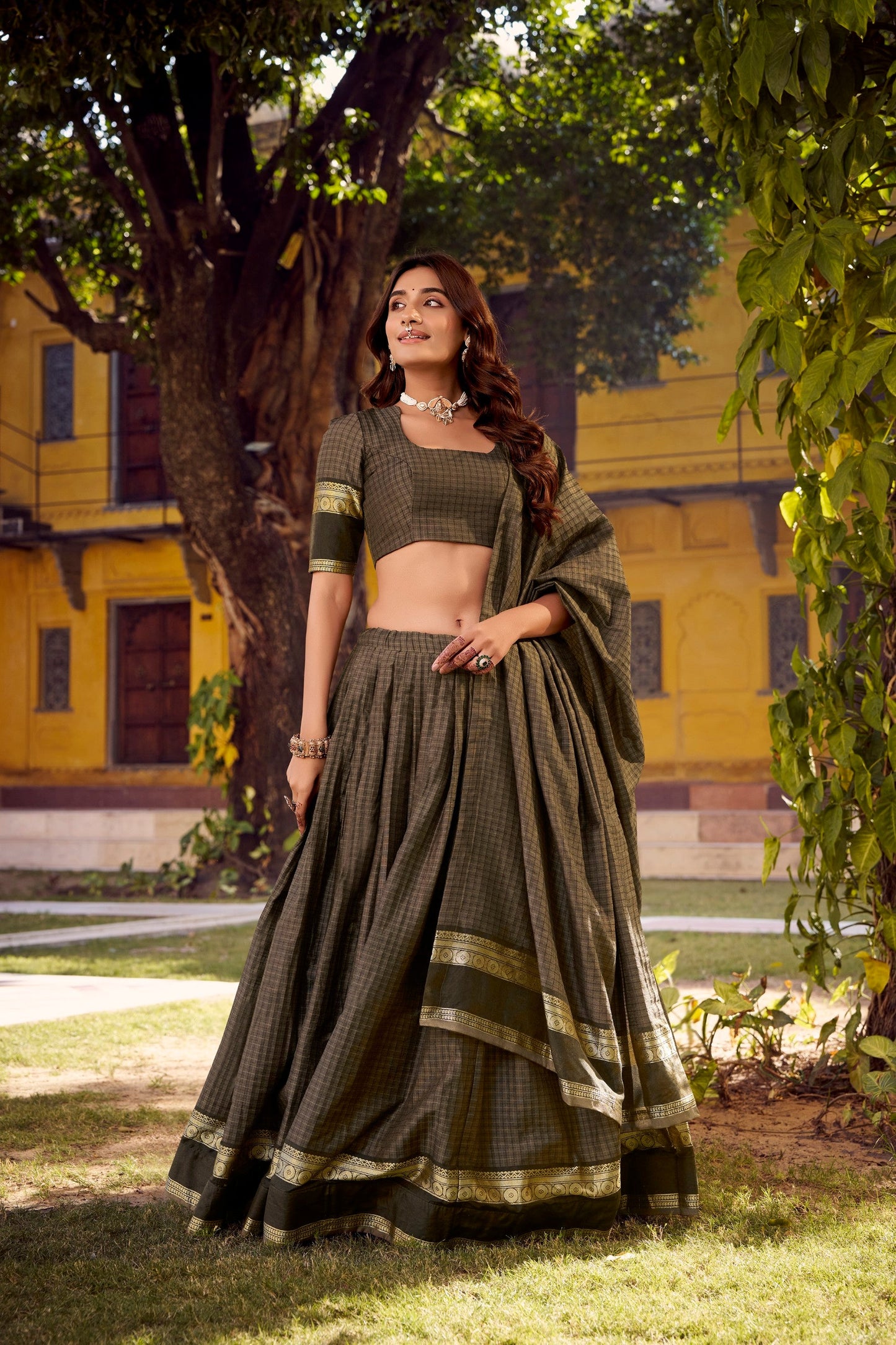 Lorenvalley Fashion Grey Chettinad Cotton Chex with Zari Weaving Work Lehenga Choli with Dupatta - Swadesiicart