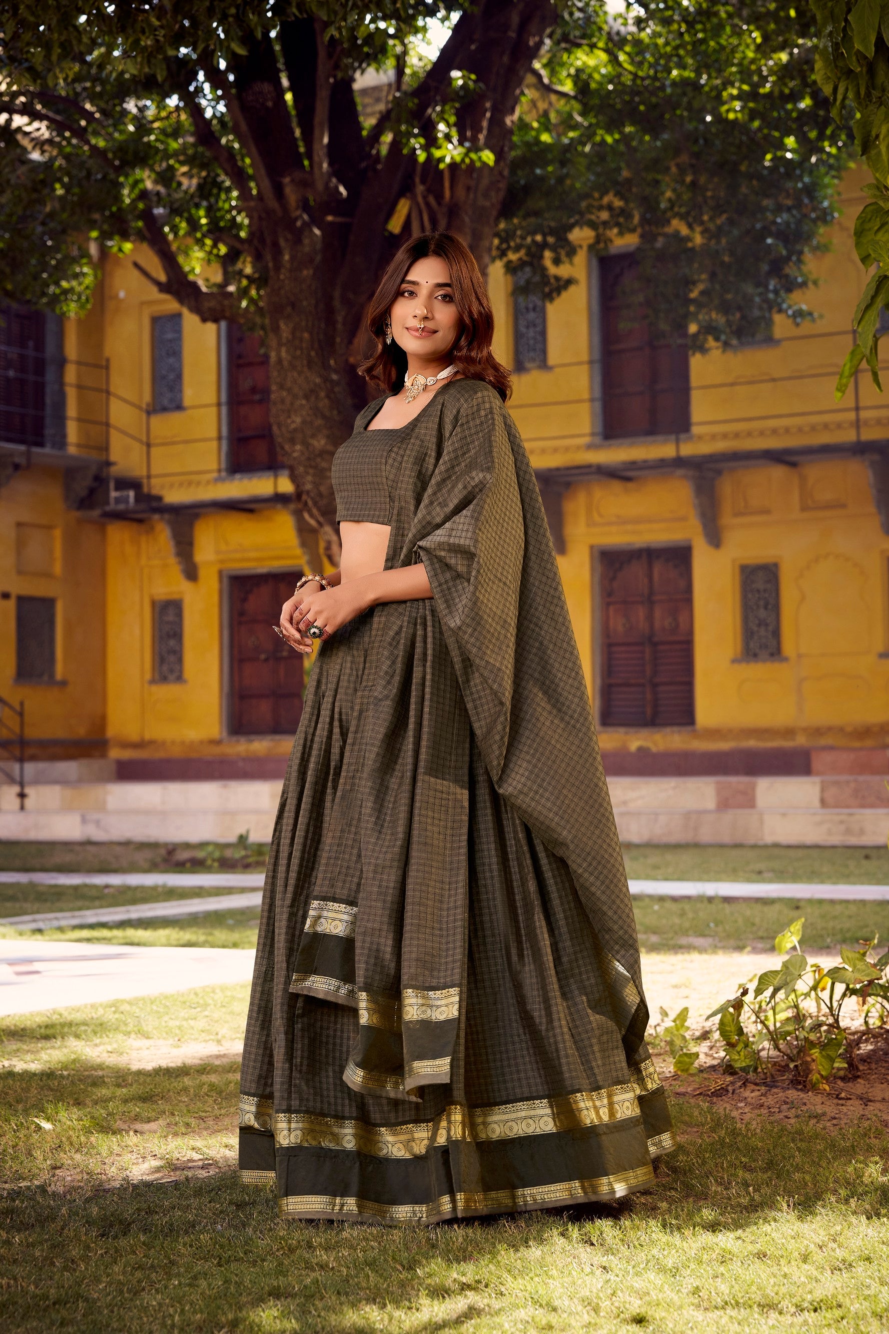 Lorenvalley Fashion Grey Chettinad Cotton Chex with Zari Weaving Work Lehenga Choli with Dupatta - Swadesiicart